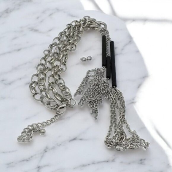 EUC Silver Tone & Black Necklace & Earring Set Large Link Chain - Picture 3 of 5